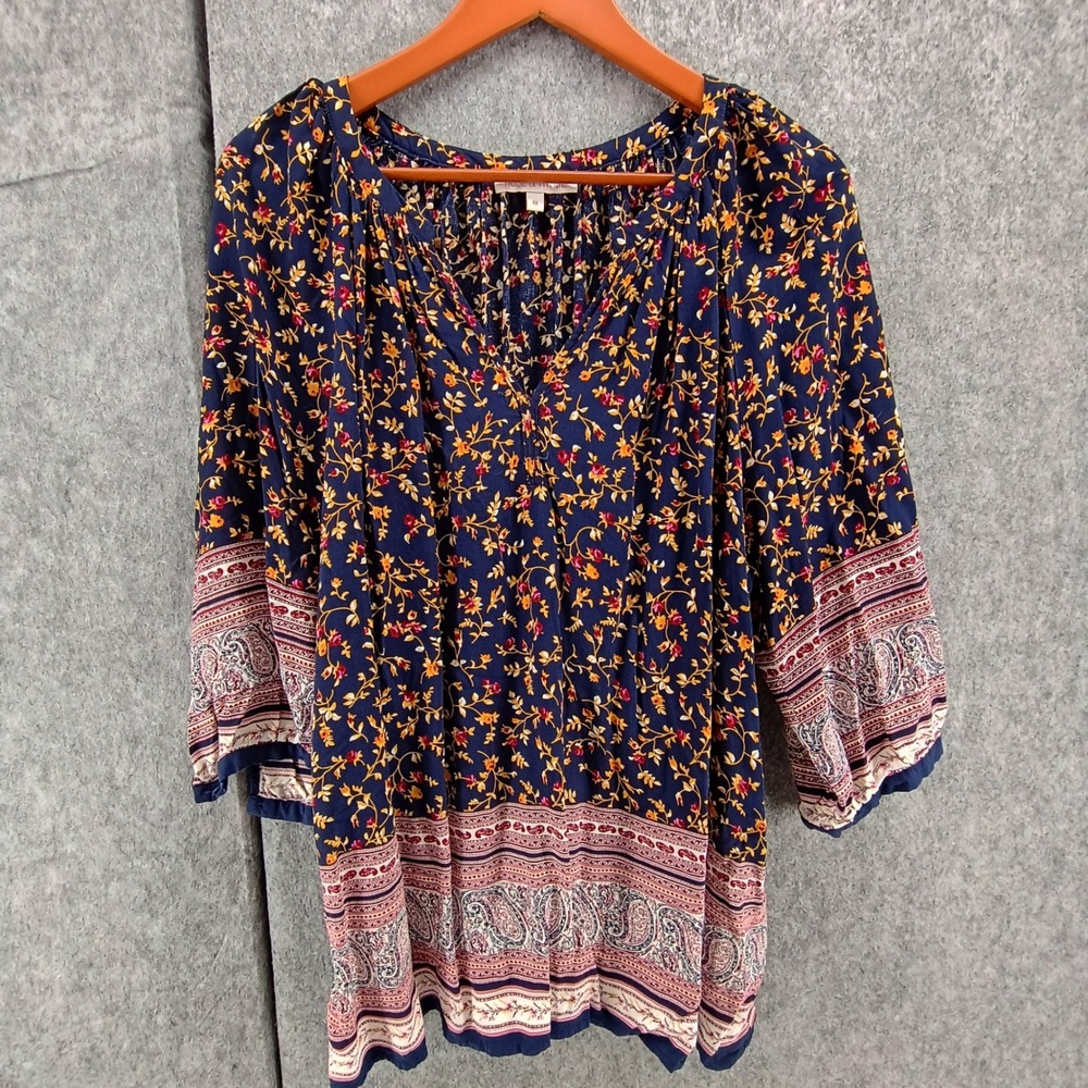 Rose & Thyme Women Navy Blue Floral Paisley Rayon Peasant Blouse 1X RN88820